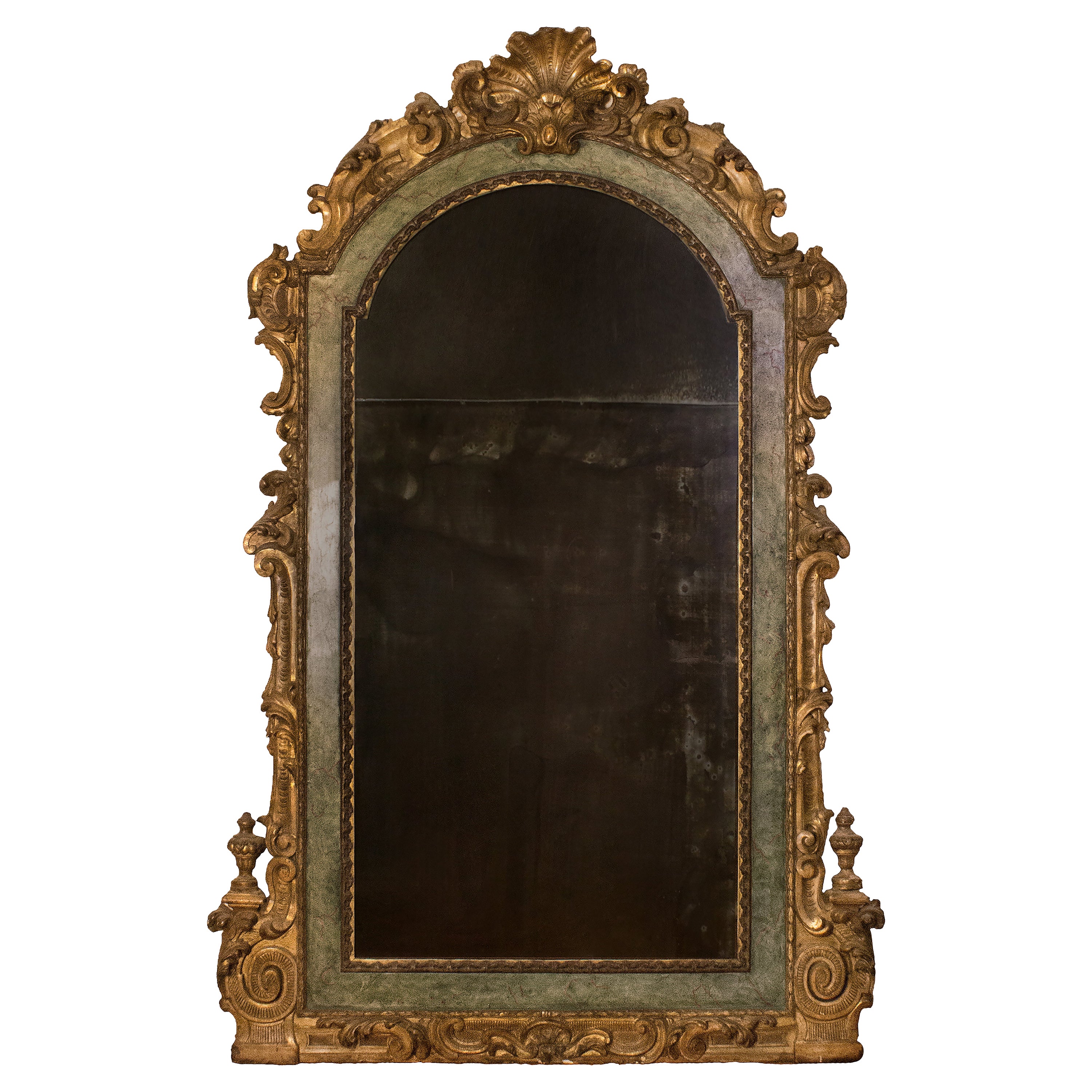 Italienischer Rokoko-Spiegel mit bemalter und vergoldeter Bogenplatte aus dem 18. Jahrhundert