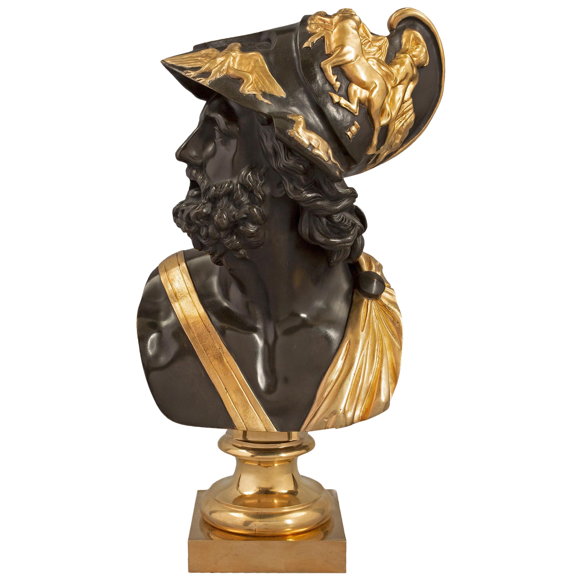 French 19th Century Louis XVI Style Patinated Bronze and Ormolu Bust of Menelaus For Sale