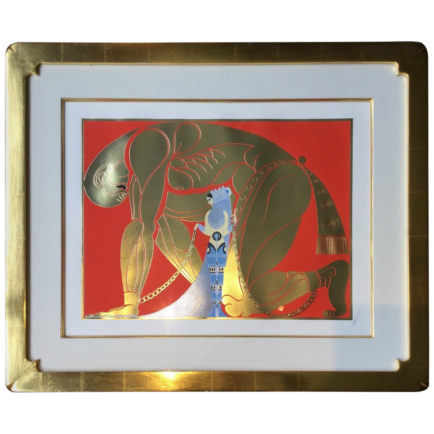 Modern Framed Serigraph Samson & Delilah Signed Erte 1980s w Gold Leaf Embossed