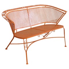 Retro Mid-Century Modern Atomic Orange Salterini Style Outdoor Metal Curved Back Bench