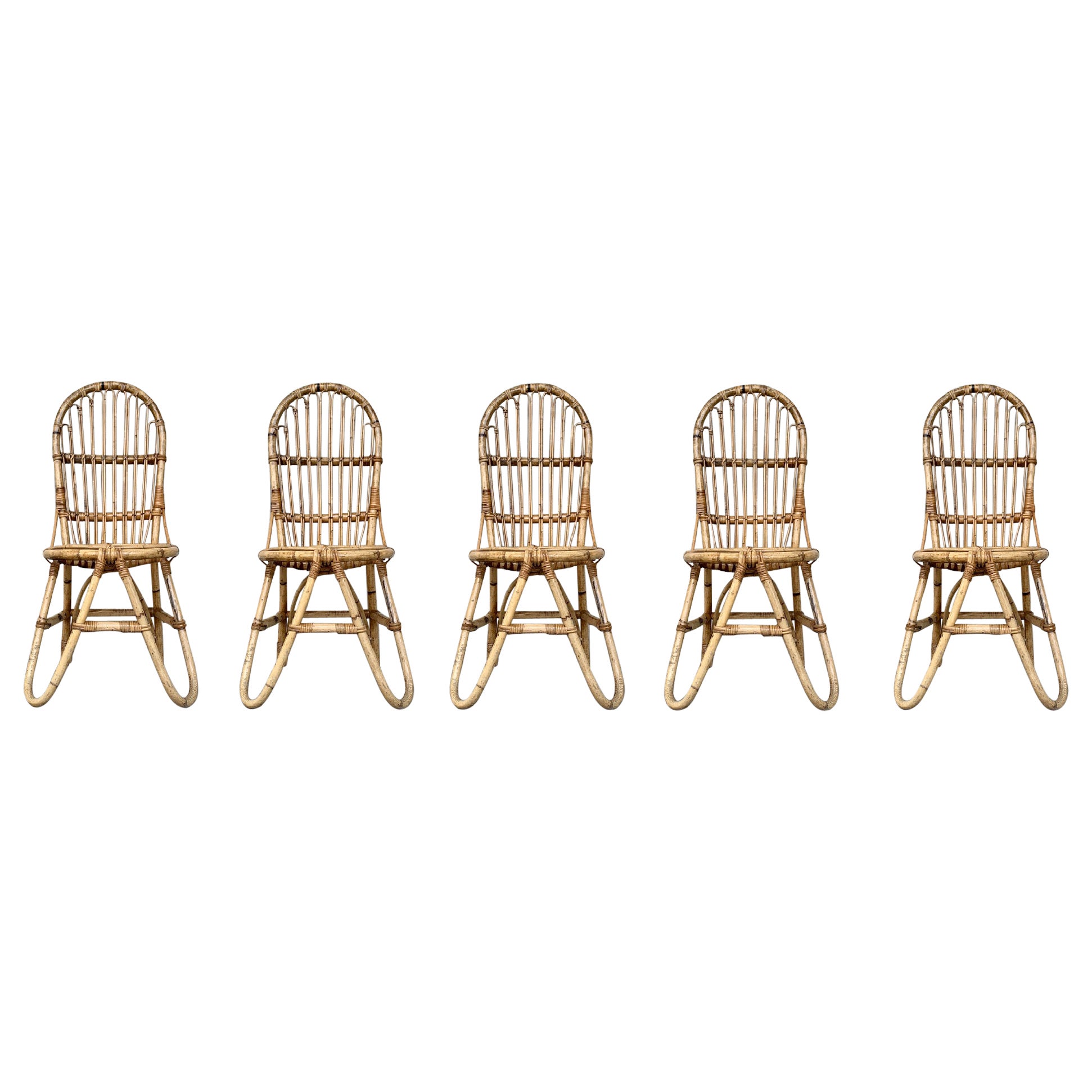 Set of Five French Bamboo and Rattan French  Sculptural Dining Chairs circa 1970