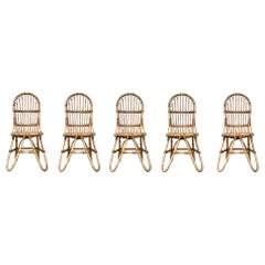 Set of Five French Bamboo and Rattan French  Sculptural Dining Chairs circa 1970