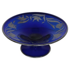 Antique Art Nouveau Silver-Overlaid Cobalt Blue Glass Centerpiece
