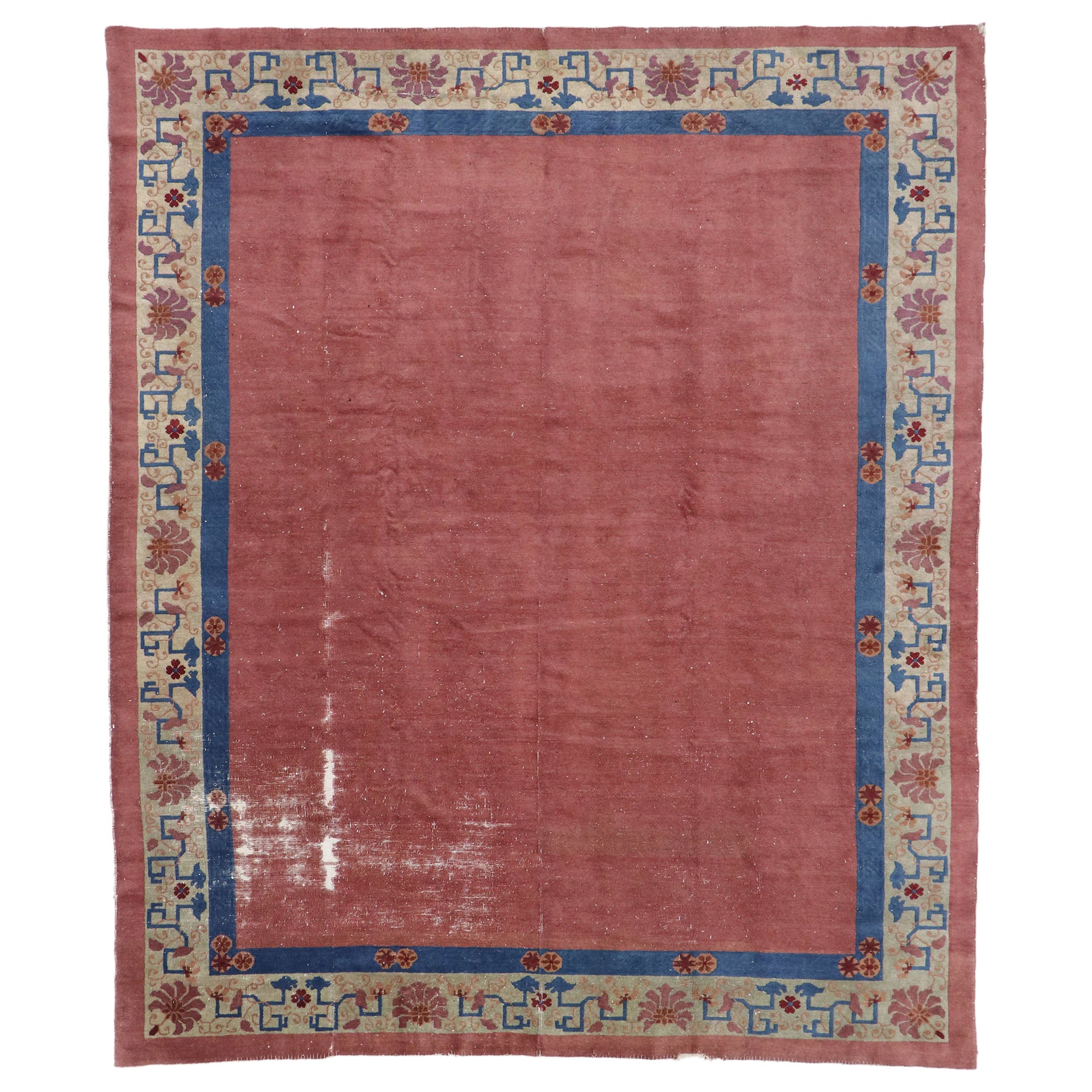 Distressed Antique Chinese Peking Rug with Industrial Art Deco Style For Sale