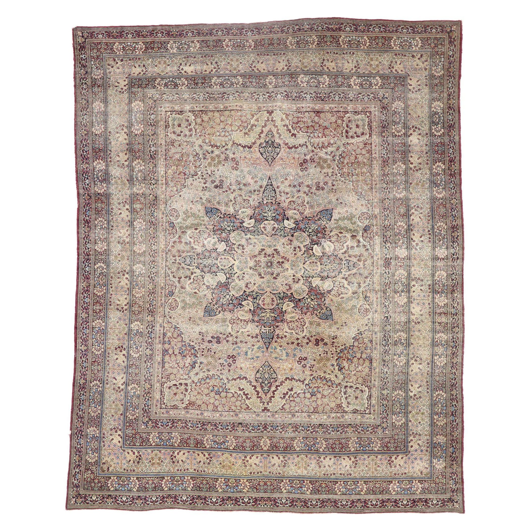 Distressed Antique Persian Lavar Kermanshah Rug For Sale