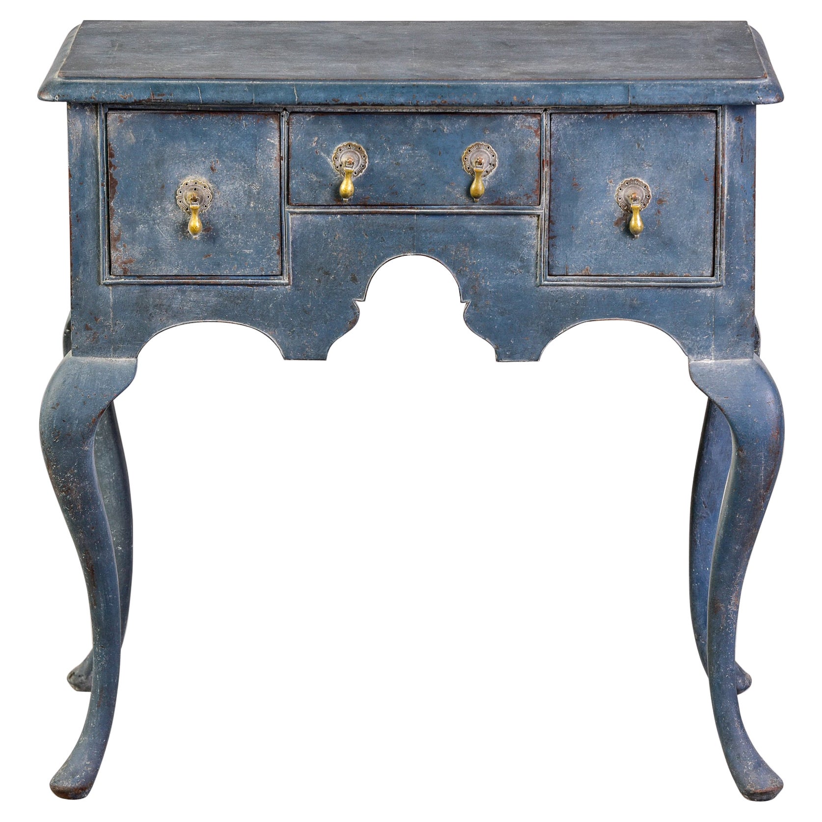 Small 18th C English Three Drawer Lowboy / Lamp Table with Blue Paint