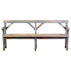 19th C English Bleached Oak and Blue Painted Bench