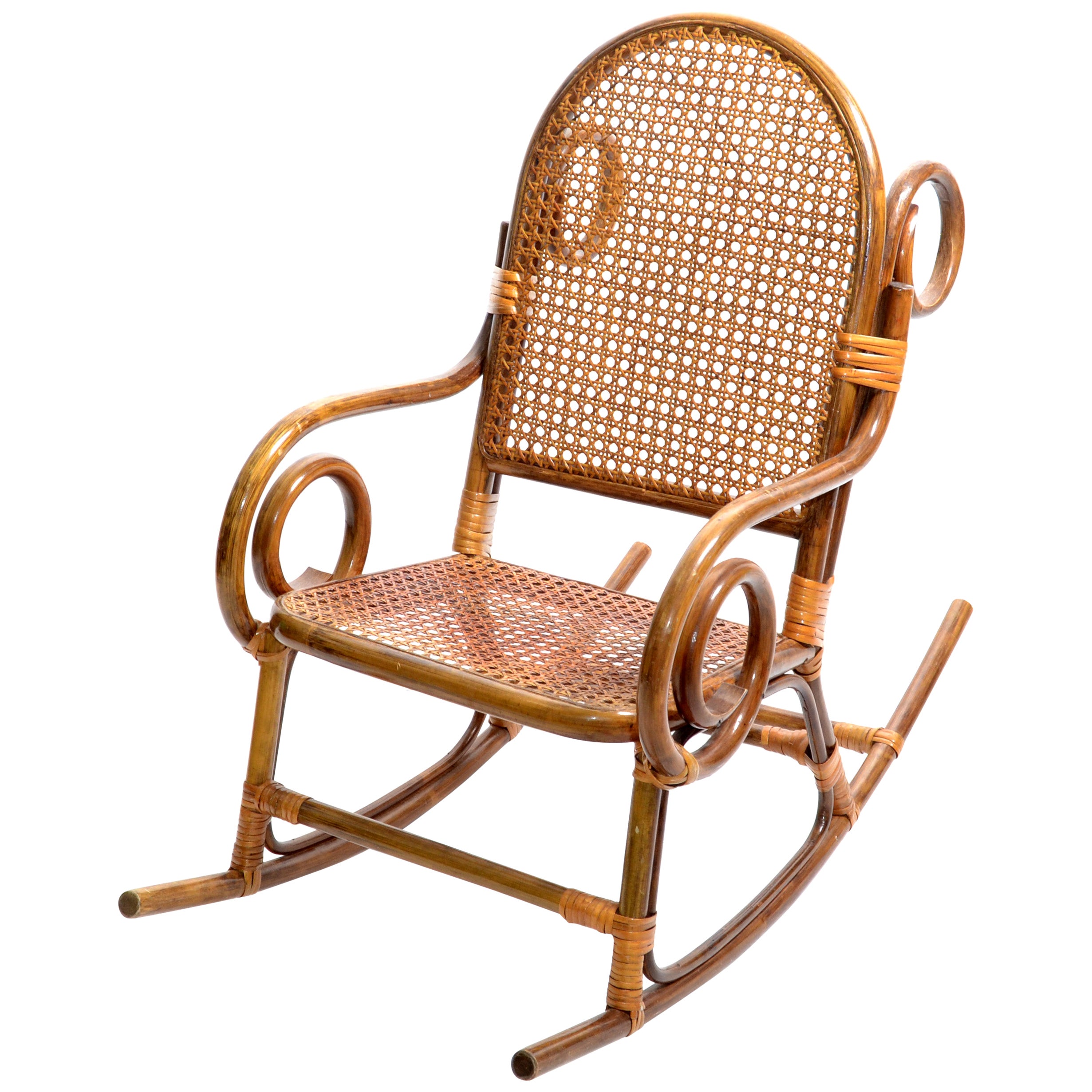 Mid-Century Modern Bohemian Chic Style Bamboo & Cane Children Rocking Chair 1960 For Sale