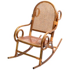 Mid-Century Modern Bohemian Chic Style Bamboo & Cane Children Rocking Chair 1960