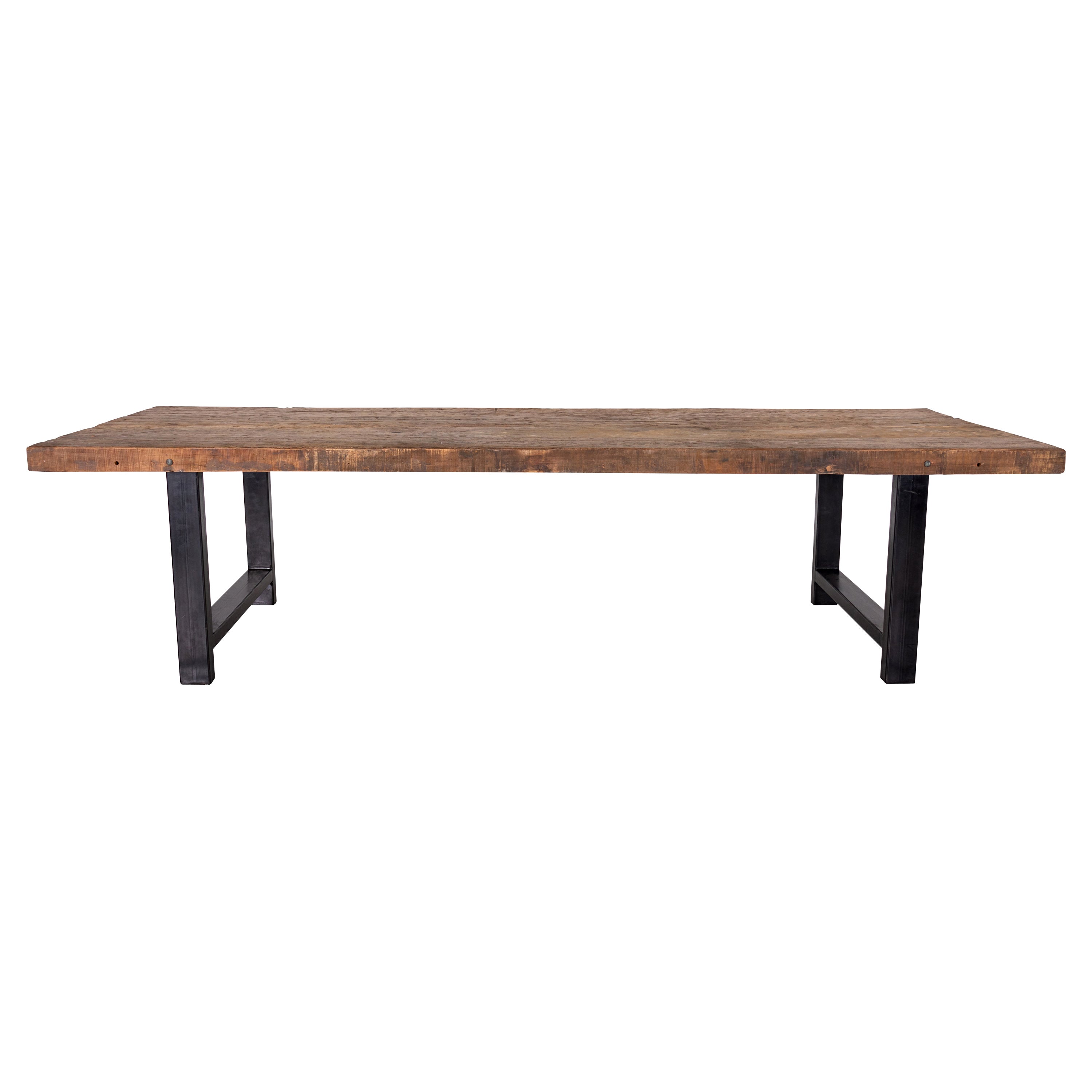 Table de salle à manger moderniste, plateau en orme récupéré sur base en acier ébénisé