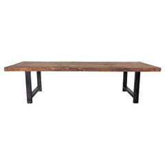 Modernist Dining Table, Reclaimed Elm Top on Ebonized Steel Base
