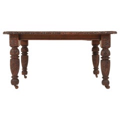 Antique Victorian Carved Oak Gothic 2 Leaf Dining Table, Scotland, 1870