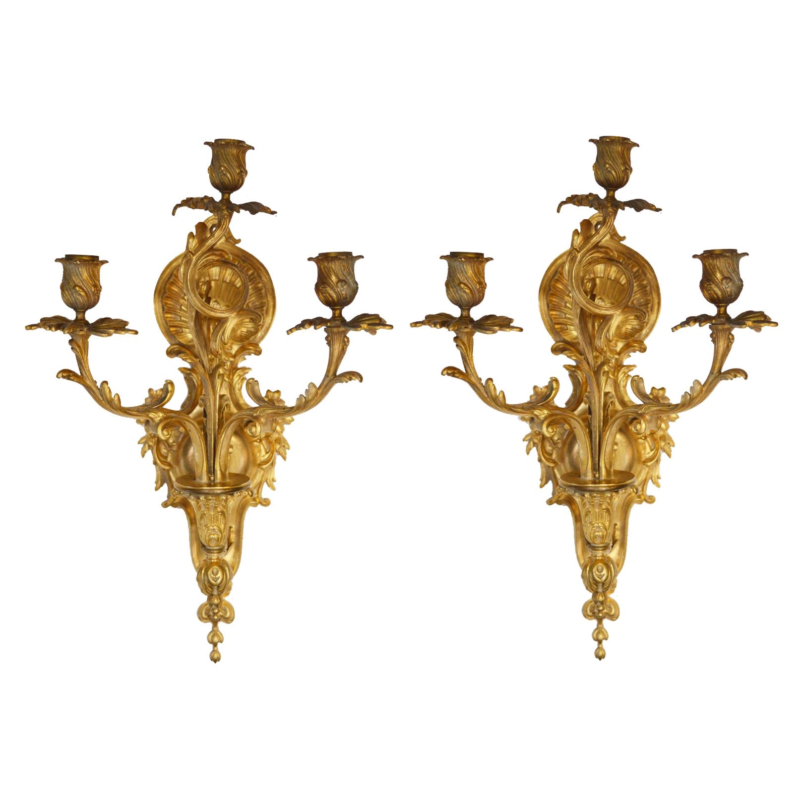 Pair of Bronze Gilt French Sconces, Late 19th Century For Sale