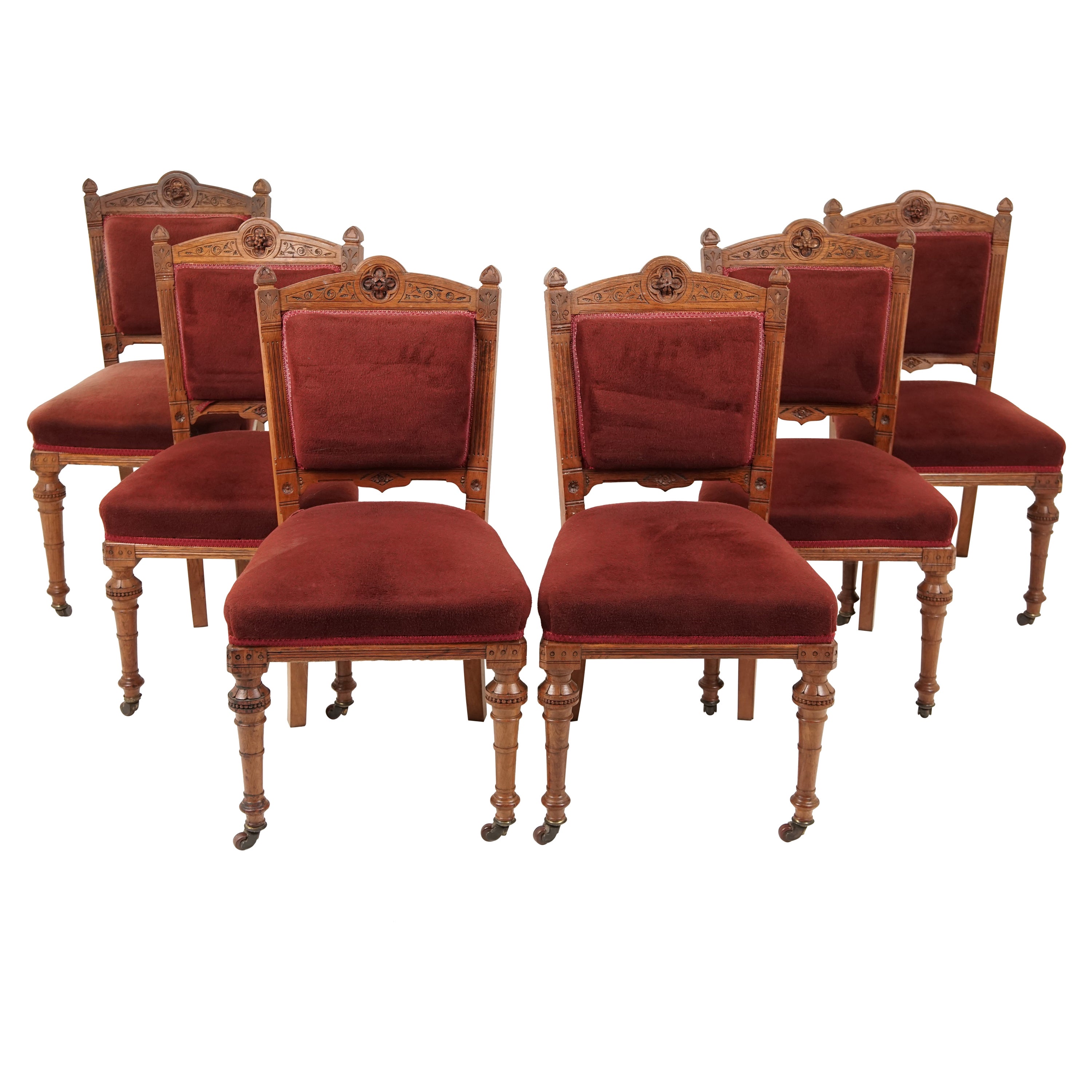 Set of 6 Victorian Oak Carved Upholstered Dining Chairs, Scotland 1890, B2451
