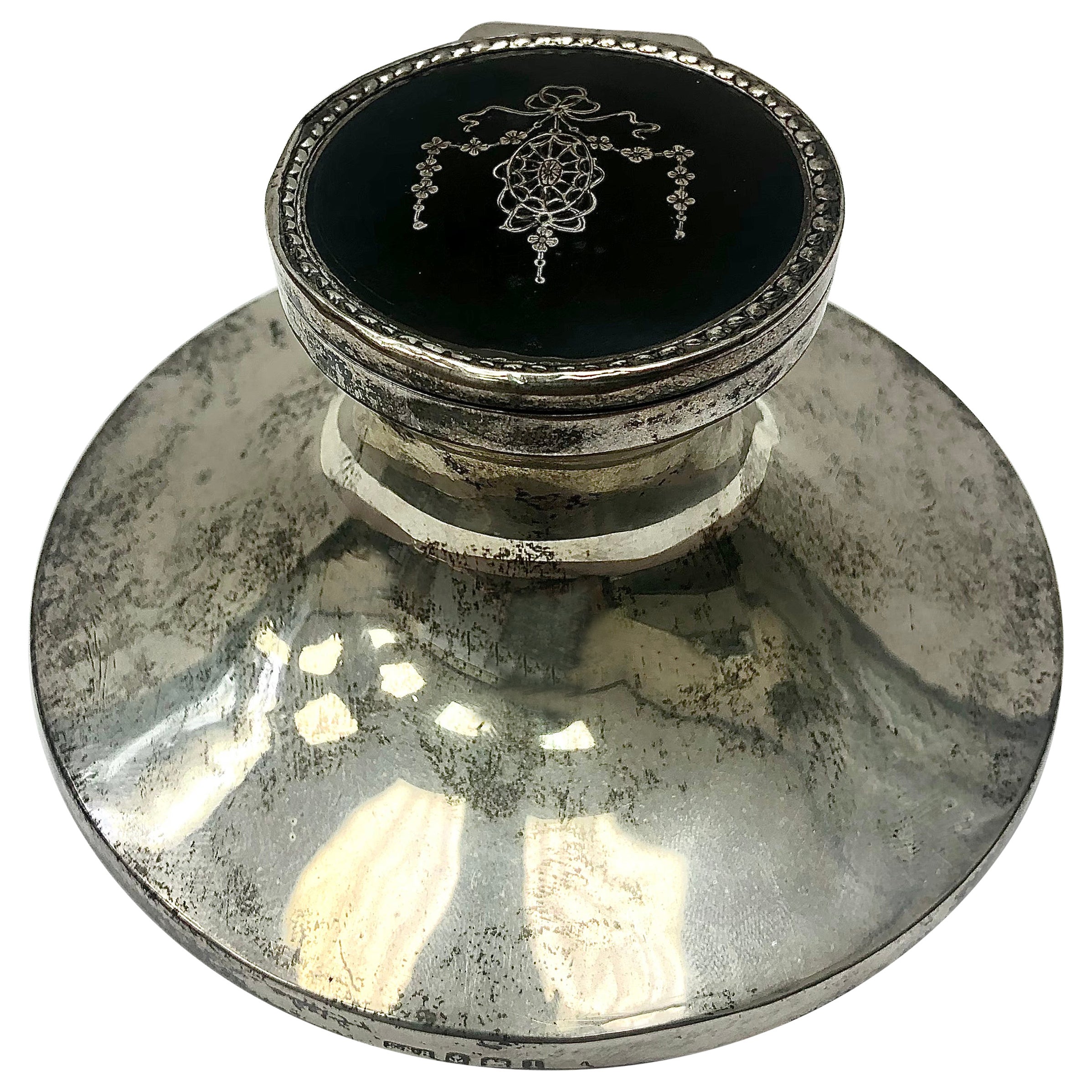 English 20th Century Sterling Silver and Tortoise Shell Inkwell For Sale