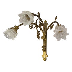 French Early 20th Century Brass and Glass Fleur de Lys Three-Light Wall Sconce