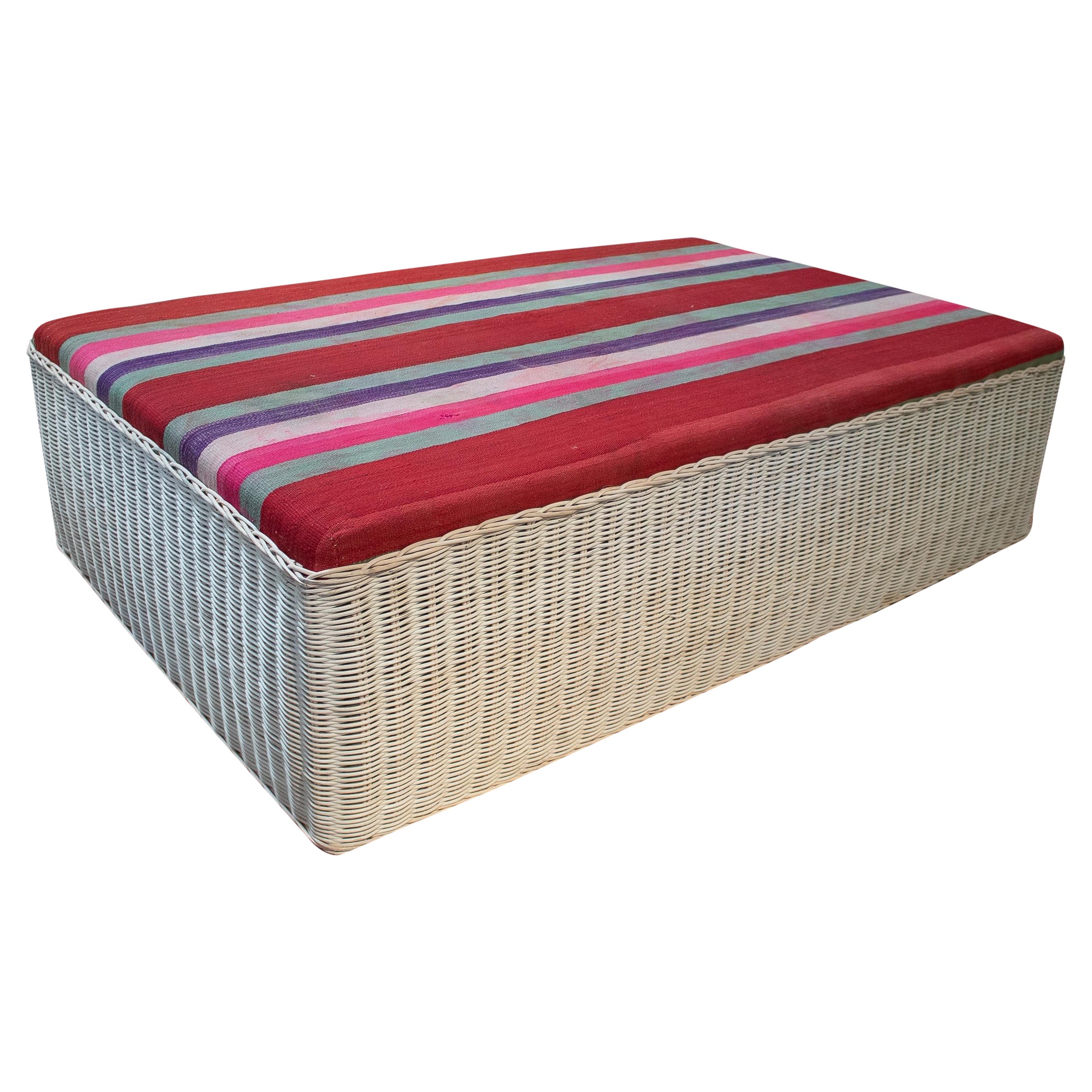Modern Spanish Woven Wicker Coffee Table w/ Fabric Upholstered Top