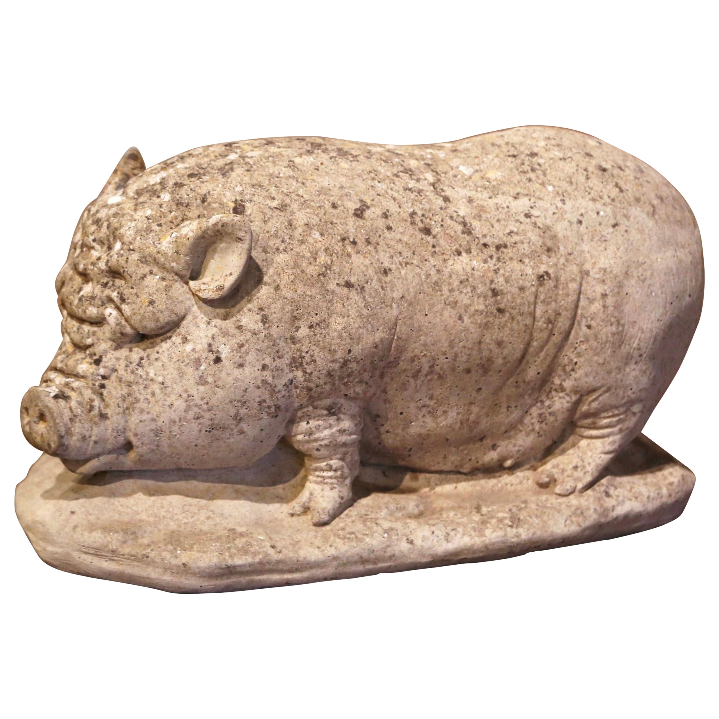Early 20th Century French Weathered Concrete Garden Pig Sculpture