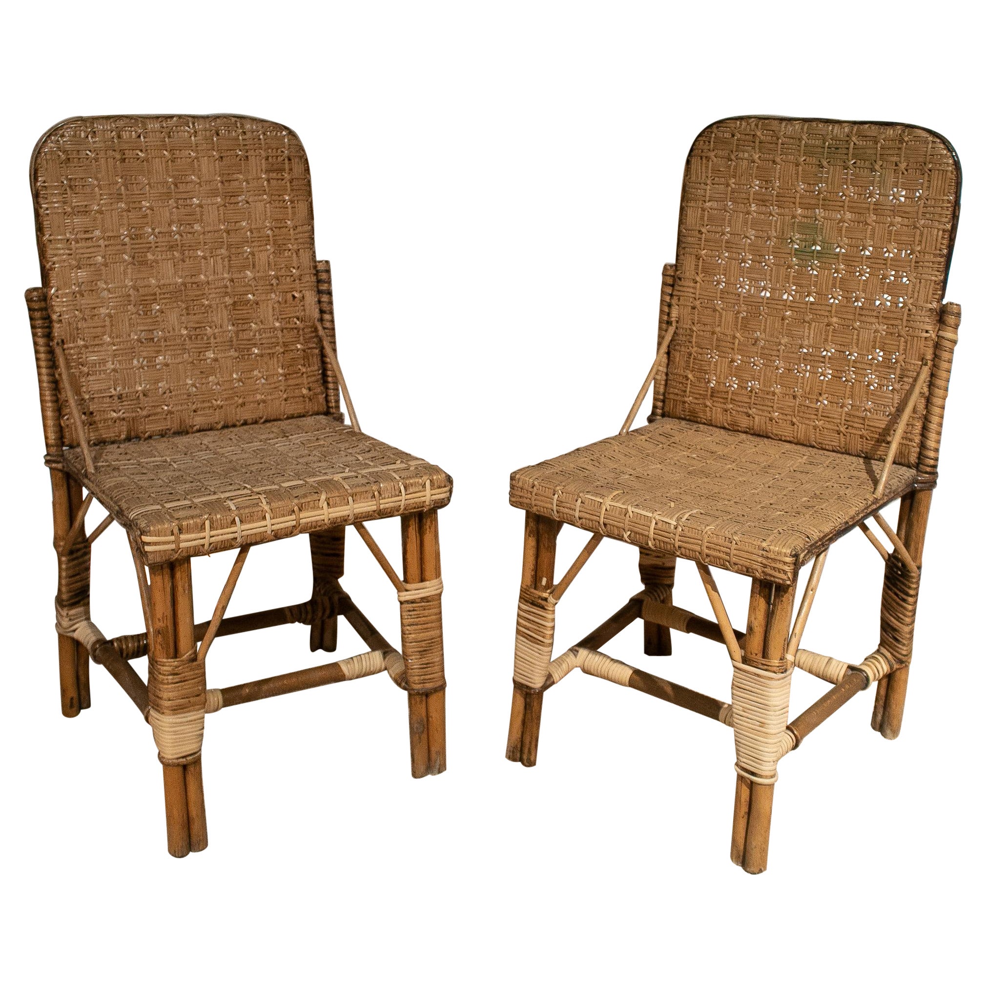 Pair of 1950s Spanish Hand Woven Wicker on Wood Chairs For Sale