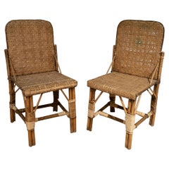 Pair of 1950s Spanish Hand Woven Wicker on Wood Chairs