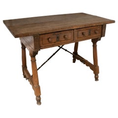 17th Century Spanish Walnut 2-Drawer Table w/ Original Iron Hardware