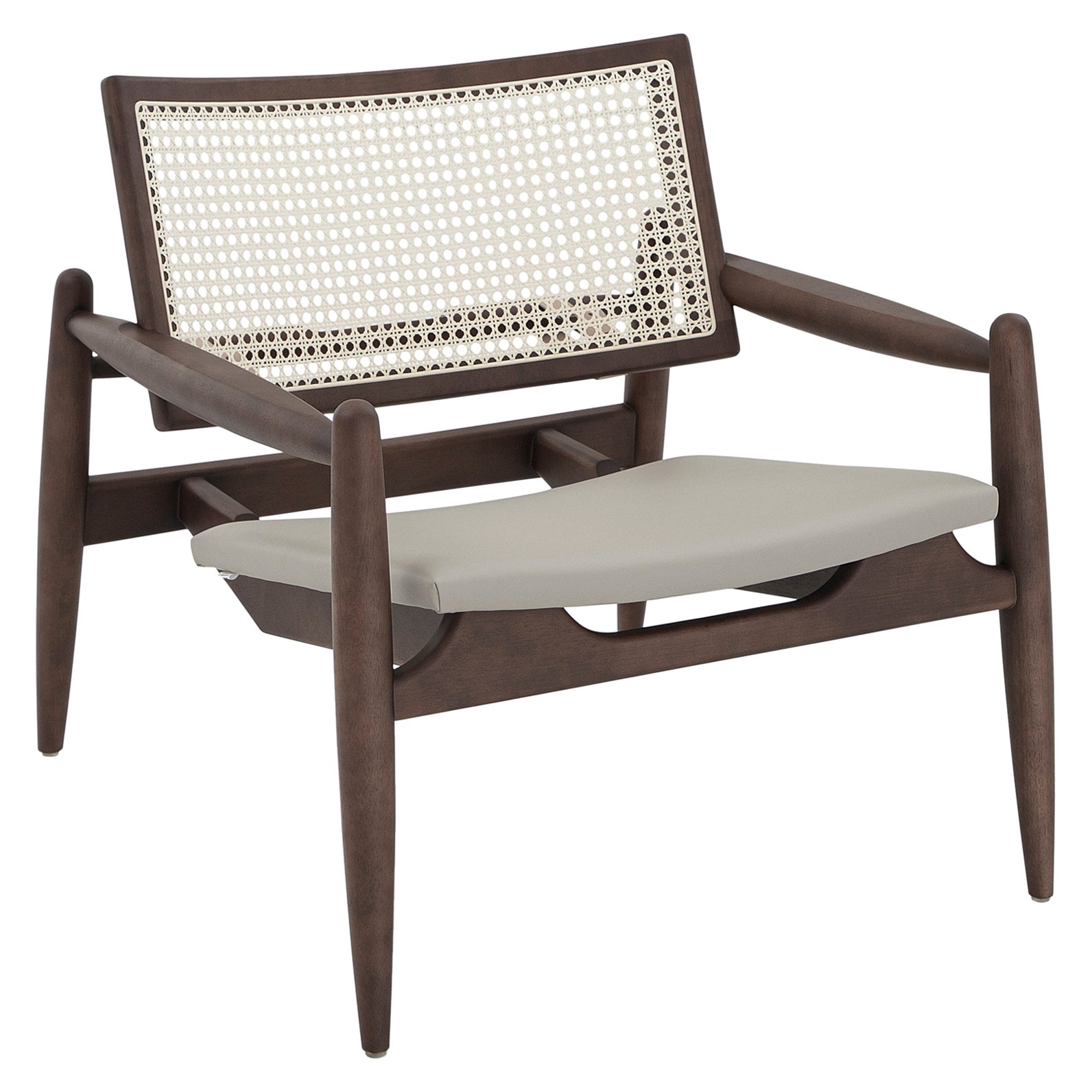 Soho Curved Cane-Back Chair in Walnut Wood Finish with Gray Leather Chair Seat