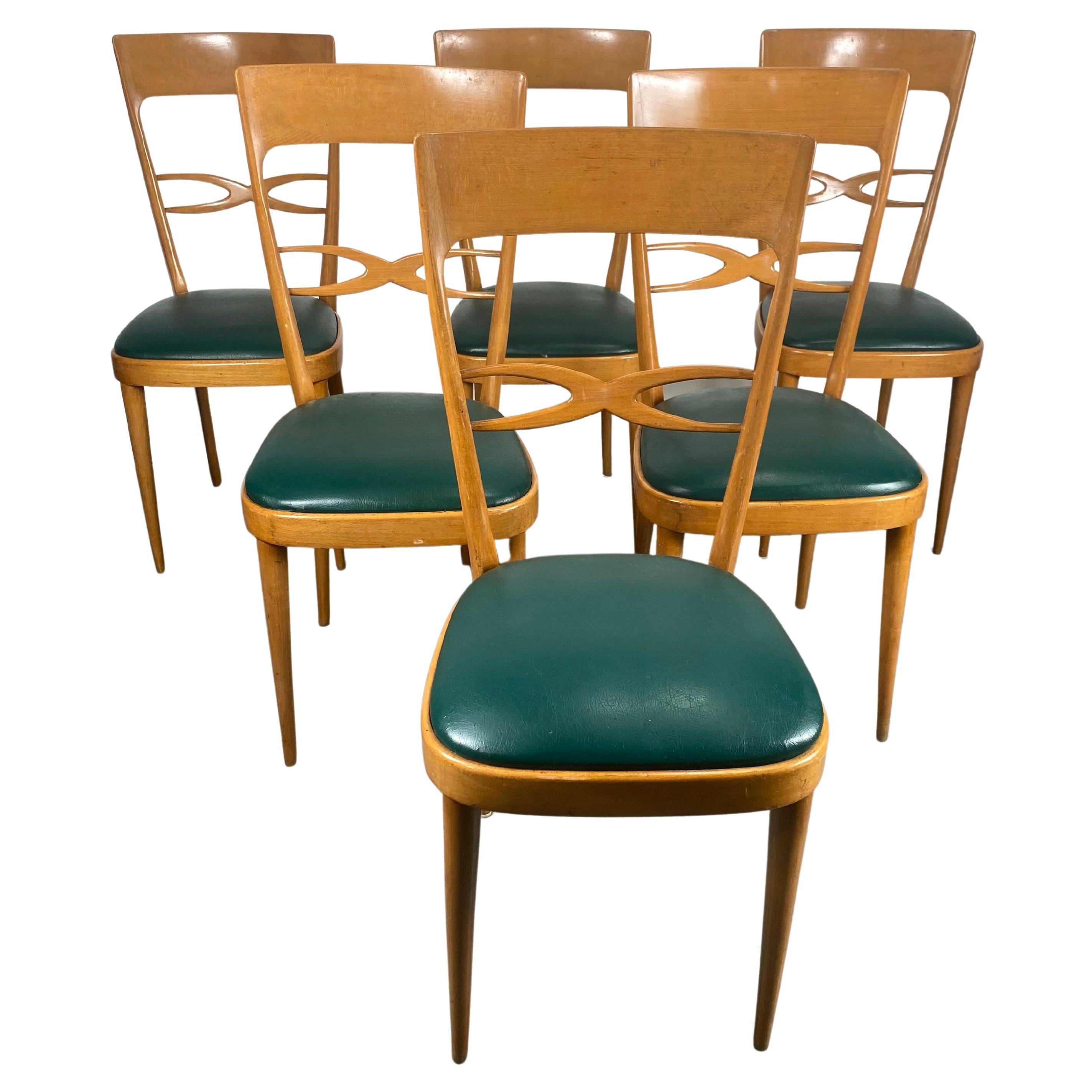 Ensemble de 6 chaises de salle à manger italiennes modernistes du milieu du siècle dernier, début des années 1950, bois de hêtre