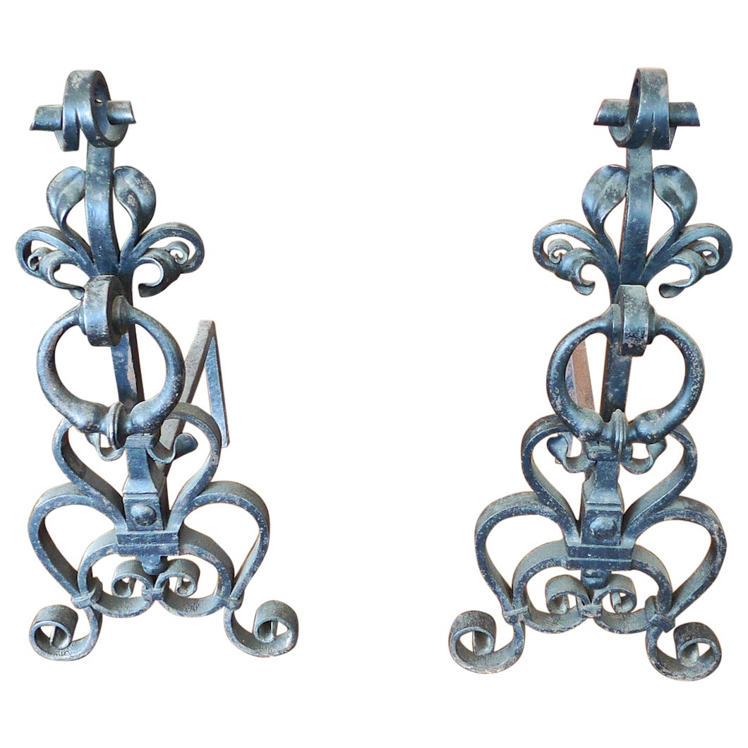 Pair of English 19th Century Wrought Iron Hand Forged Andirons For Sale
