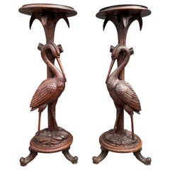 Antique and Unique Hand Carved Pair of Black Forest Heron Sculpture Pedestals