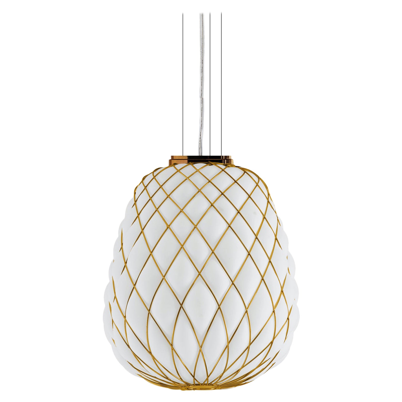 Large 'Pinecone' Suspension Lamp in Opaline Glass & Gold Metal for Fontana Arte For Sale