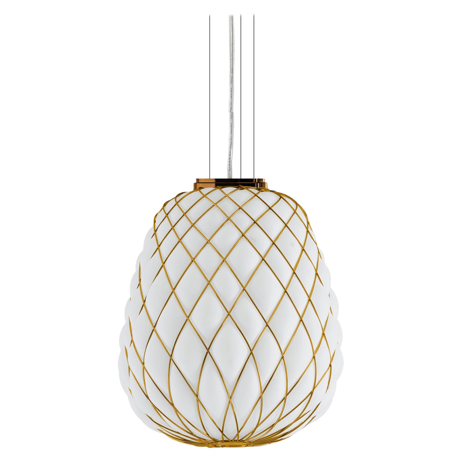 Large 'Pinecone' Suspension Lamp in Opaline Glass & Gold Metal for Fontana Arte