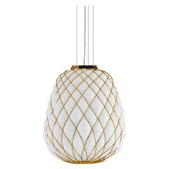 Large 'Pinecone' Suspension Lamp in Opaline Glass & Gold Metal for Fontana Arte