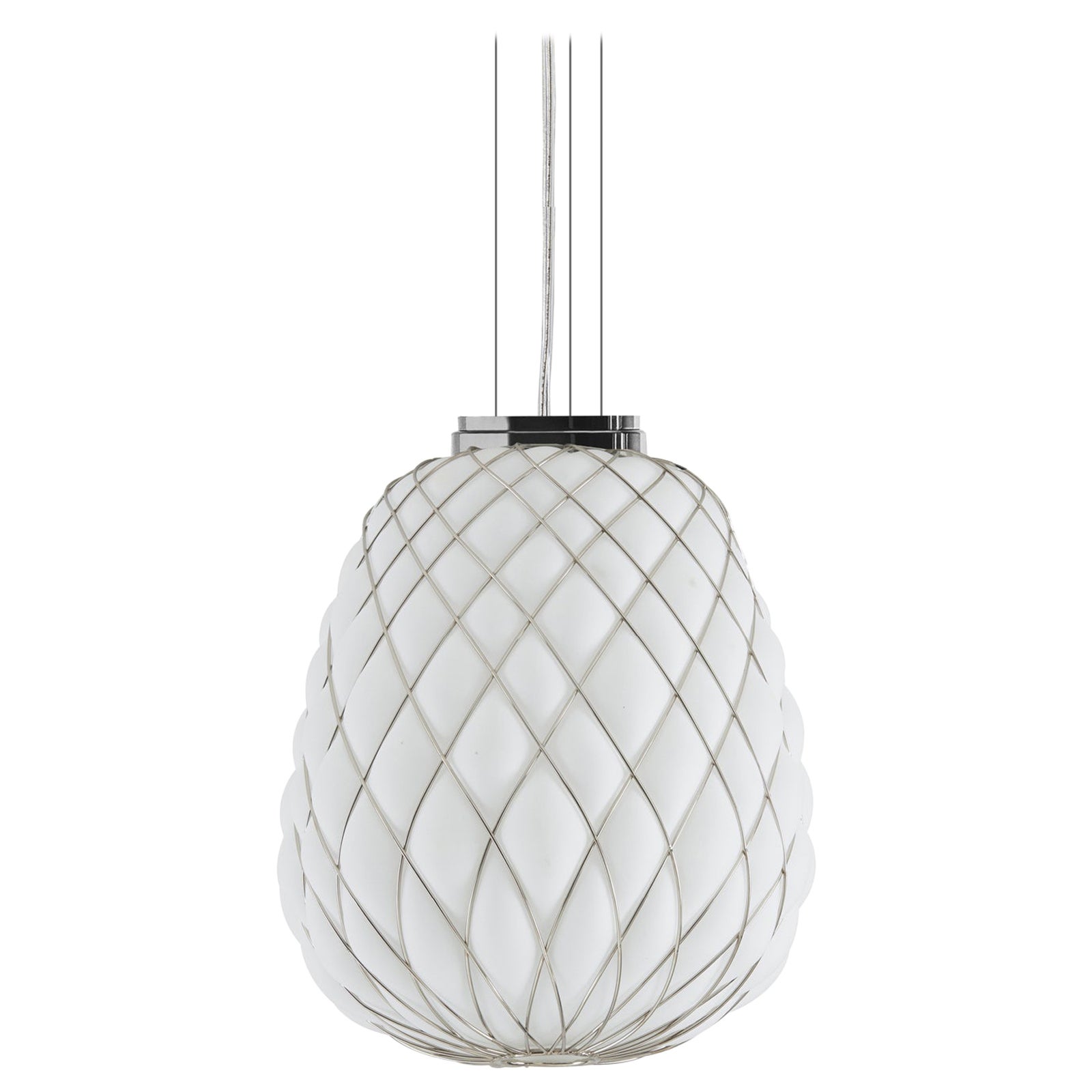 Large 'Pinecone' Suspension Lamp in Opaline Glass & Chrome for Fontana Arte