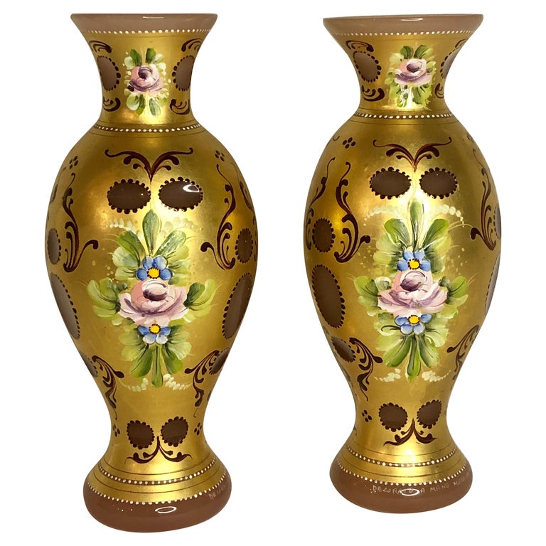 Pair of Murano Vases Cut Overlay Decorated with 24 Karat Gold and Pink Roses For Sale