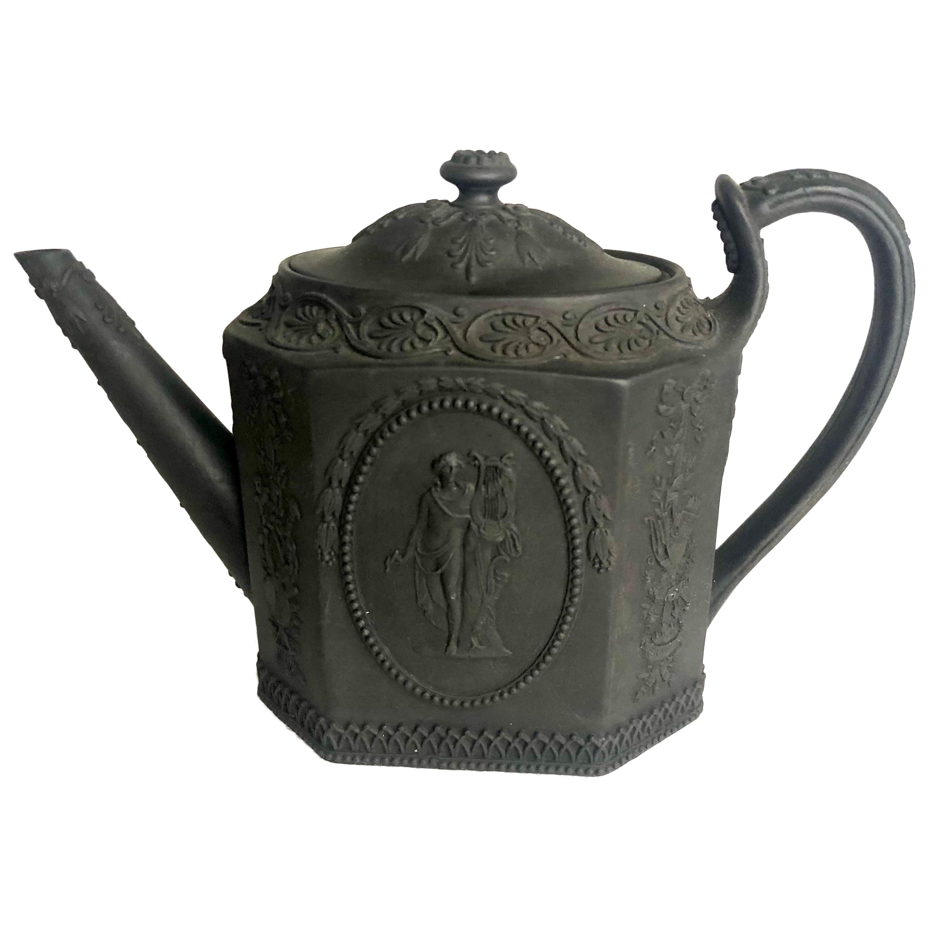 Basalt Wedgwood Teapot with Medallions of Man with Lyre and Lady on Pedestal