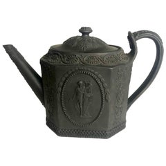 Vintage Basalt Wedgwood Teapot with Medallions of Man with Lyre and Lady on Pedestal