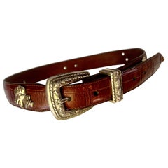 Vintage Crocodile Leather Embossed Dog Collar with Silver Dog Emblems