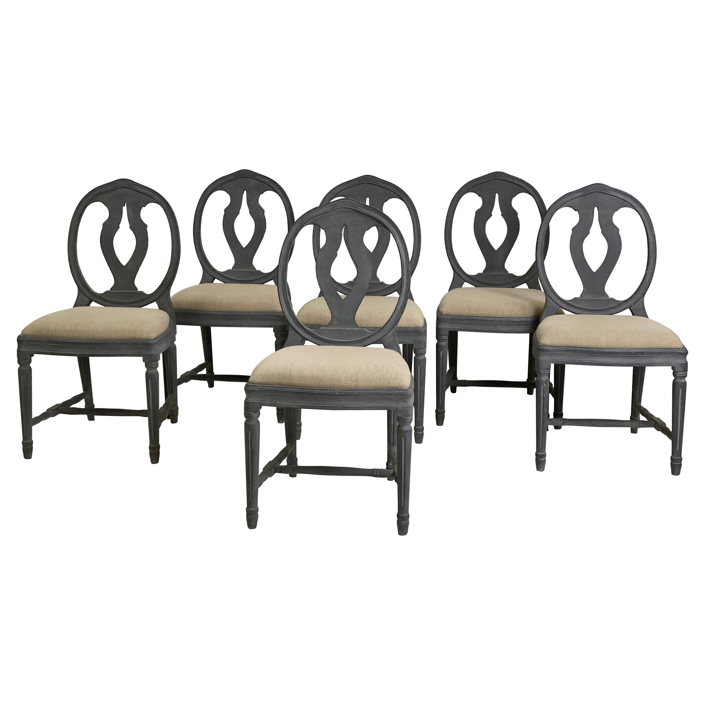 Set of 6 Patinated Swedish Chairs in a Blue/Grey Color, Gustavian Style