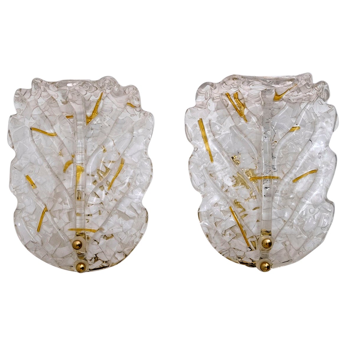 Pair of Art Deco Style Italian Murano Glass Leaf and Wall Sconces, 1960s