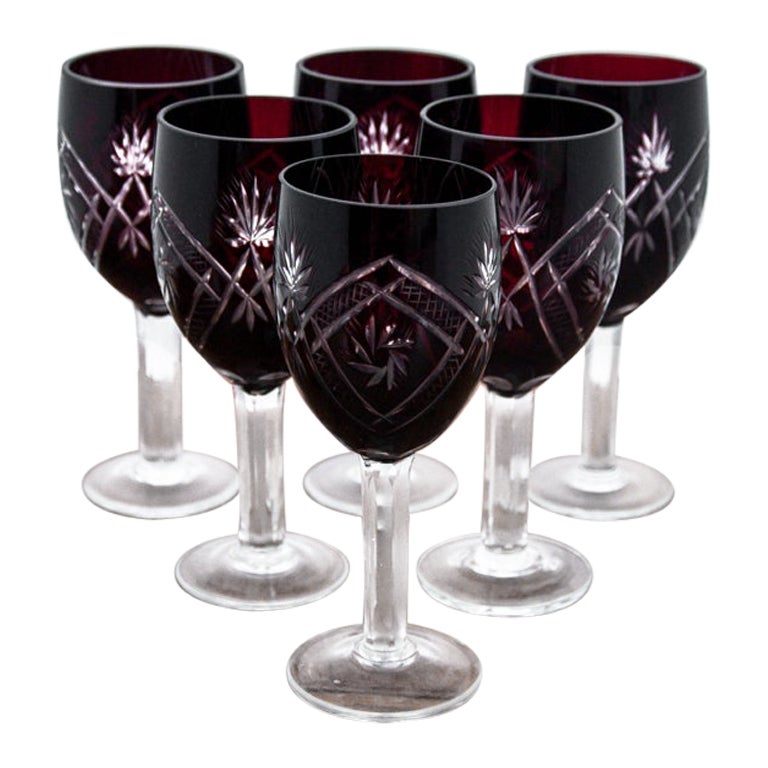 Six Maroon Crystal Glasses, 1960s For Sale