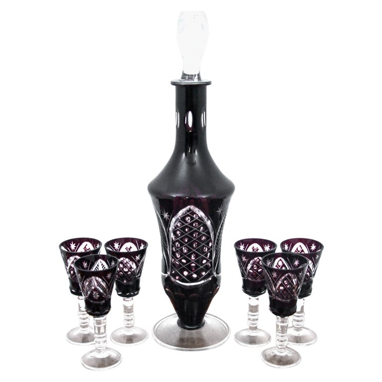 Maroon Crystal Decanter Carafe with Six Glasses, Germany, 1960s