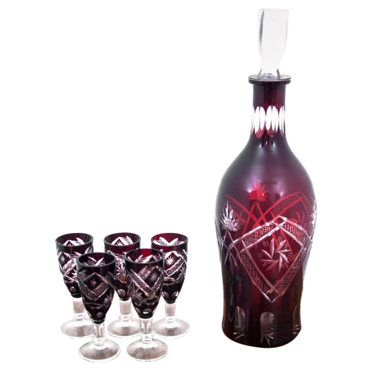 Maroon Crystal Decanter Carafe with Six Glasses, Germany, 1960s For