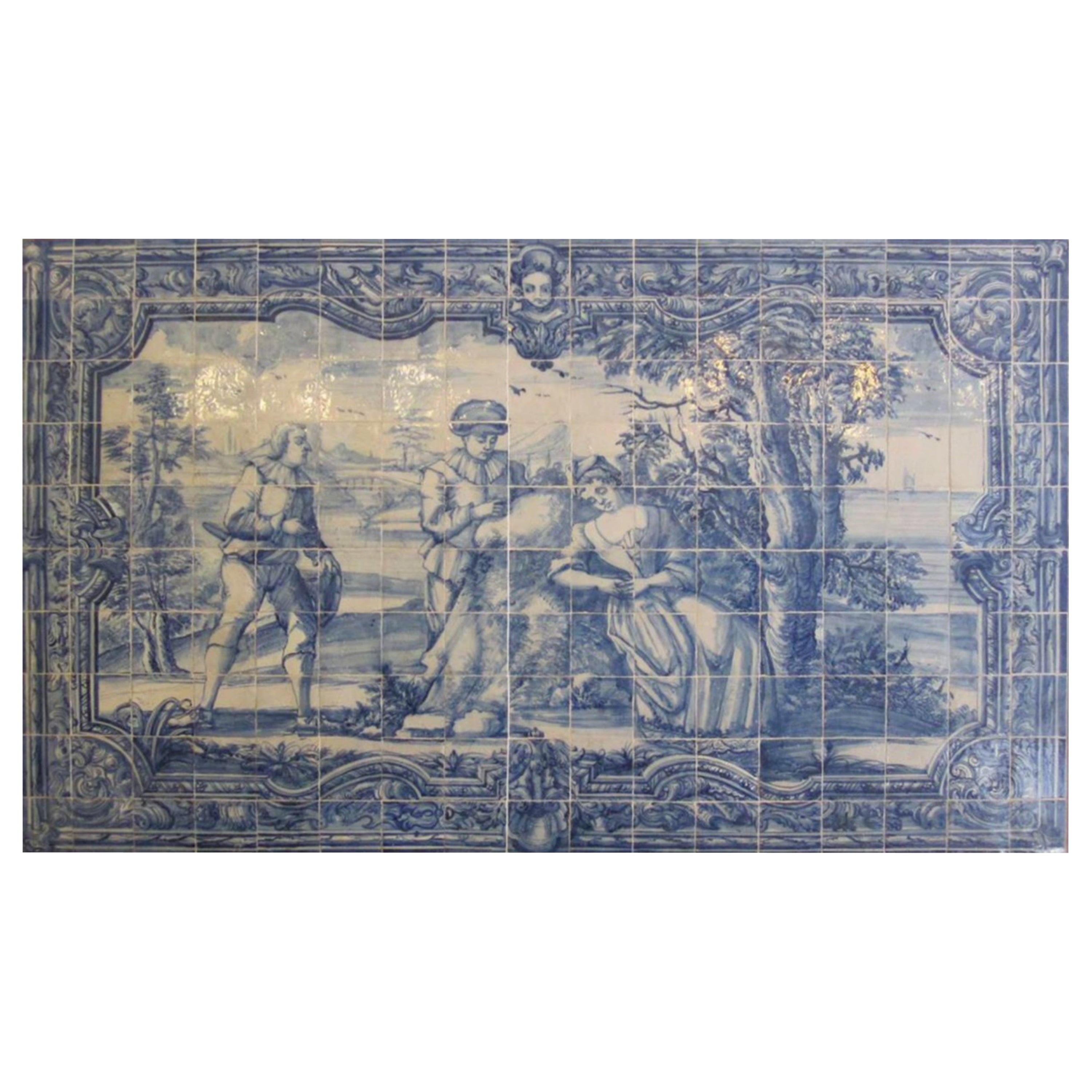 18th Century Portuguese "Azulejos" Panel "Romantic Scene" For Sale