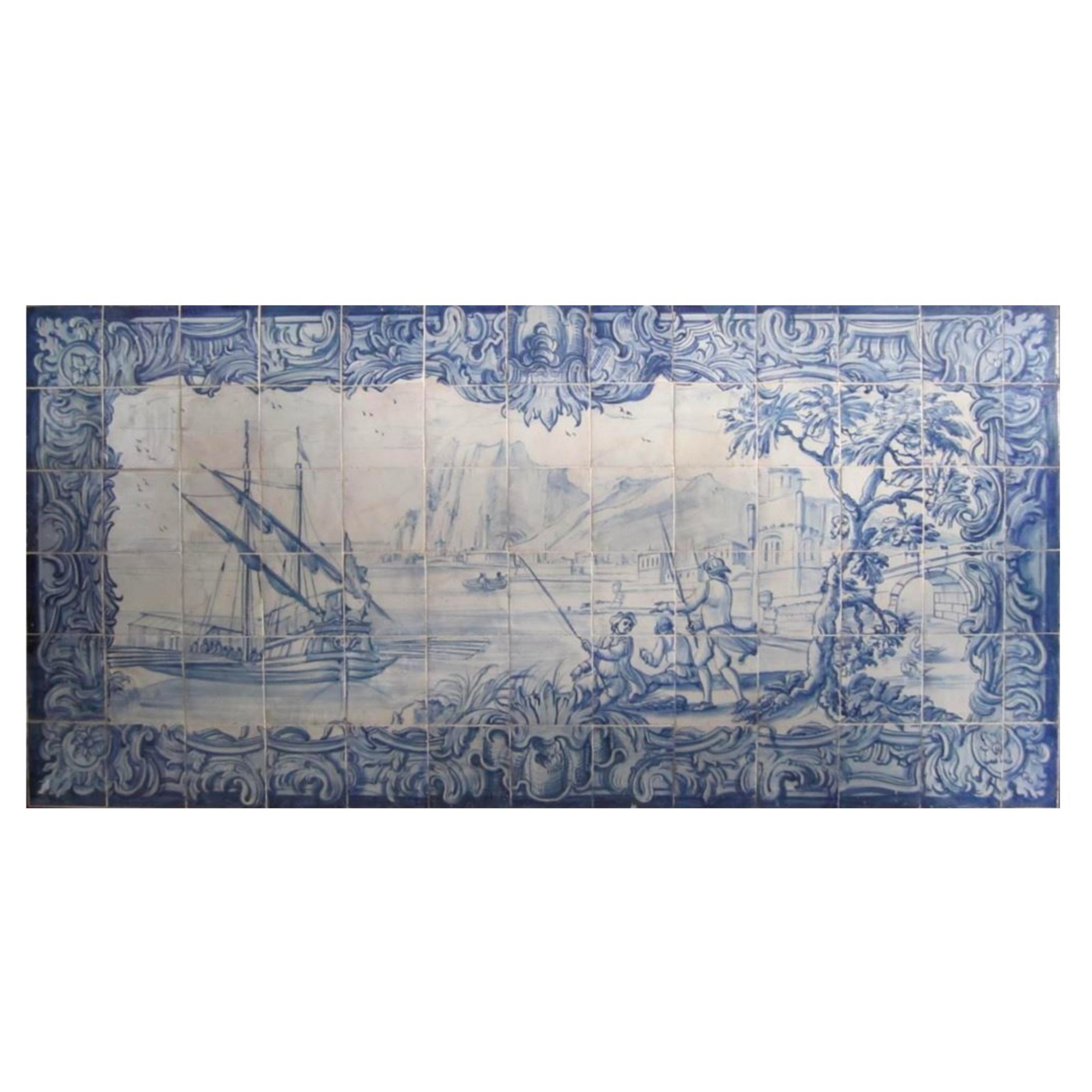 Panneau portugais du 18ème siècle « Azulejos » « Scène de rivière » en vente