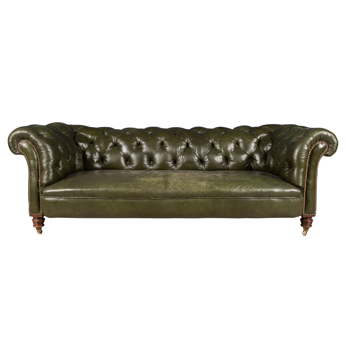 20th Century Victorian Green Leather Chesterfield Sofa, c.1900