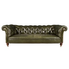 Vintage 20th Century Victorian Green Leather Chesterfield Sofa, c.1900