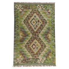 Green Wool Kilim Rugs, Traditional Carpet Kelim Geometric Nordic Rugs