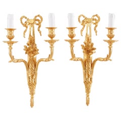 Pair of Louis XVI Style Dore Bow Knot Wall Sconces with Two Scroll Arms