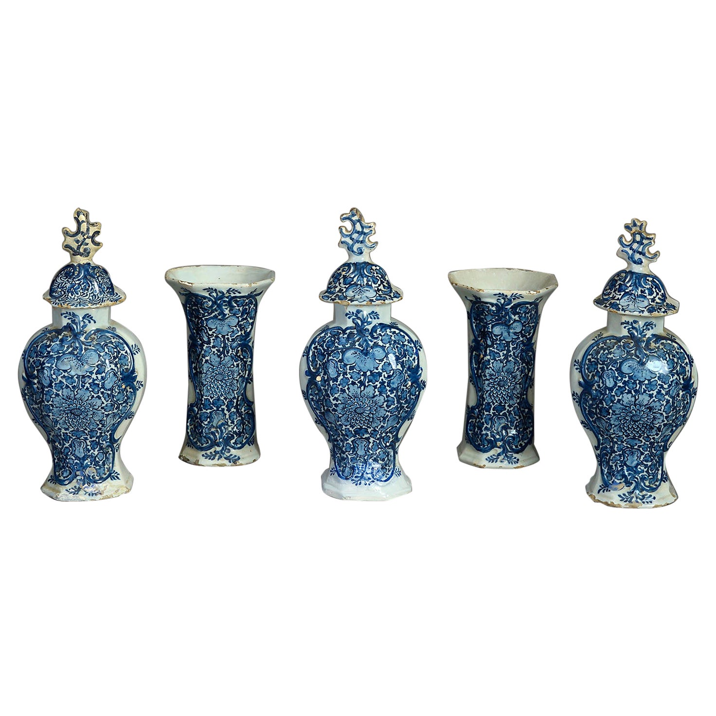 18th Century Garniture of Blue & White Delft Vases