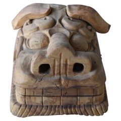 Japanese Old Wood Carving Lion Head/Antique Folk Art Figurine Object Wabisabi